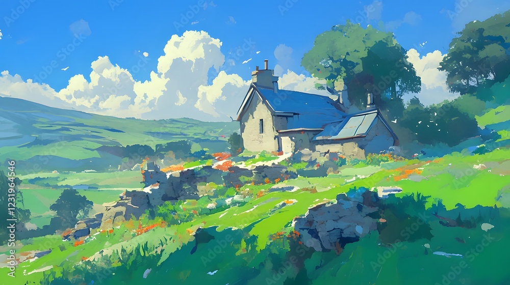 Serene landscape featuring a stone house on a hillside, captured in a painterly aesthetic with soft color transitions