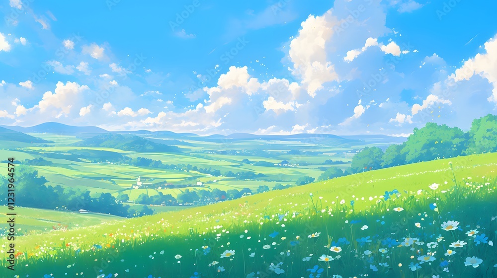 Obraz premium Serene green fields with wildflowers and soft hills under a blue sky in anime style