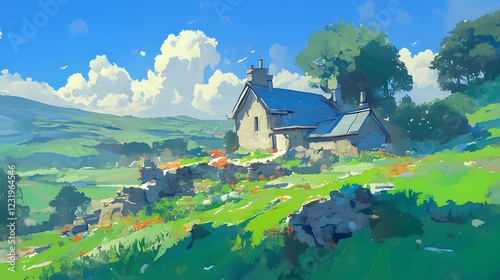 Obraz na płótnie Serene landscape featuring a stone house on a hillside, captured in a painterly aesthetic with soft color transitions w salonie