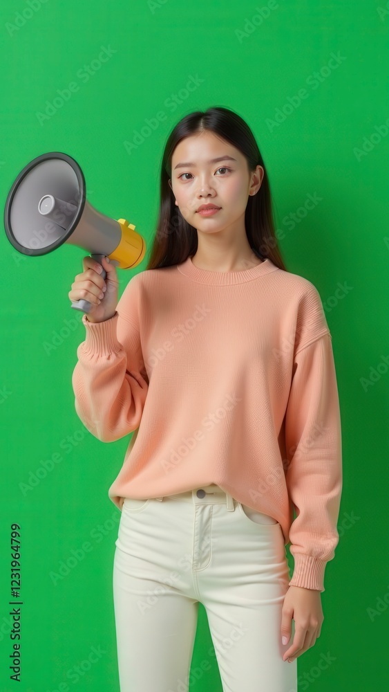 Confident woman holding a megaphone, ready to speak Confident woman holding a megaphone, ready to speak