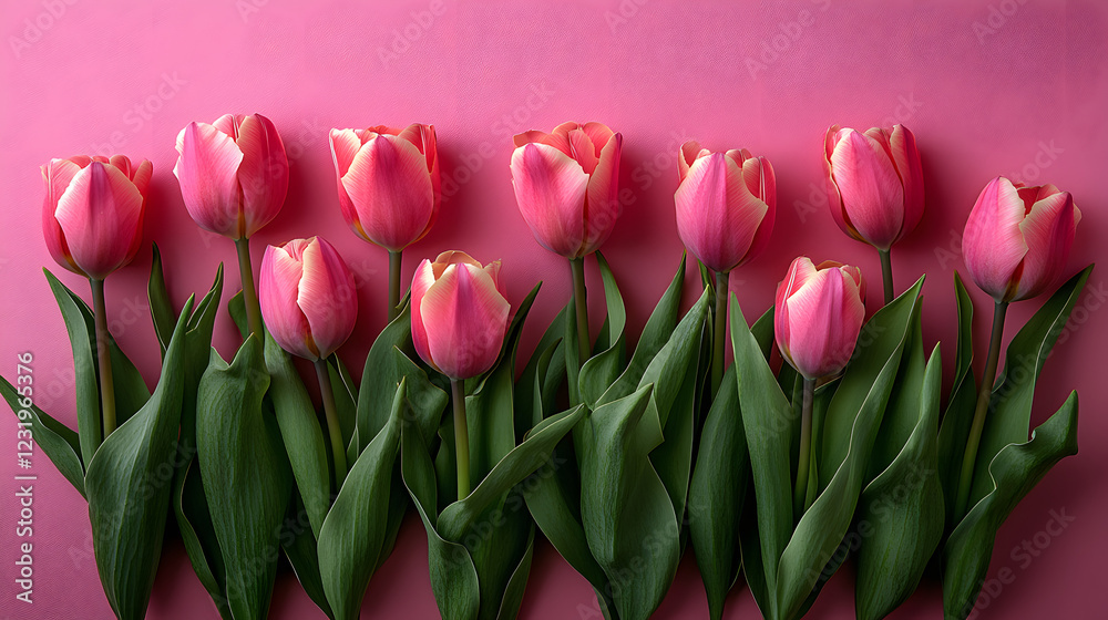 Fototapeta premium Pink flowers are arranged in a row, with their stems sticking out of the ground. The flowers are tall and slender, with green leaves at the bottom