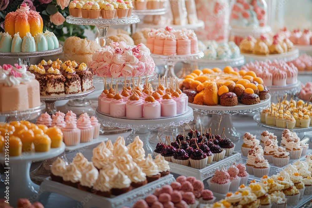 An elaborate dessert table with an array of colorful cakes and sweets in a luxurious, vibrant setting. An elaborate dessert table with an array of colorful cakes and sweets in a luxurious, vibrant setting.