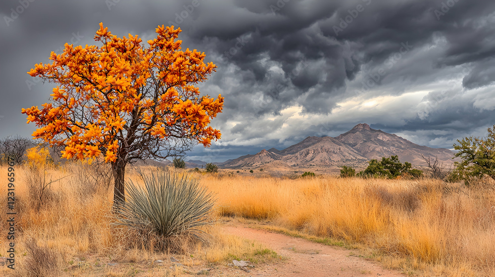 Golden tree, storm clouds, mountains, desert path; nature wallpaper Golden tree, storm clouds, mountains, desert path; nature wallpaper