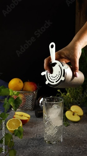 Bartender pouring cocktail into glass with ice