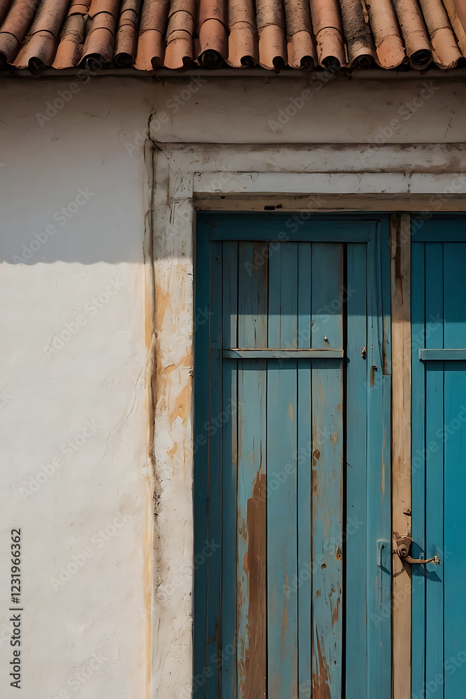 Rustic Charm: A Weathered Blue Door and Whitewashed Wall in Architectural Detail Rustic Charm: A Weathered Blue Door and Whitewashed Wall in Architectural Detail
