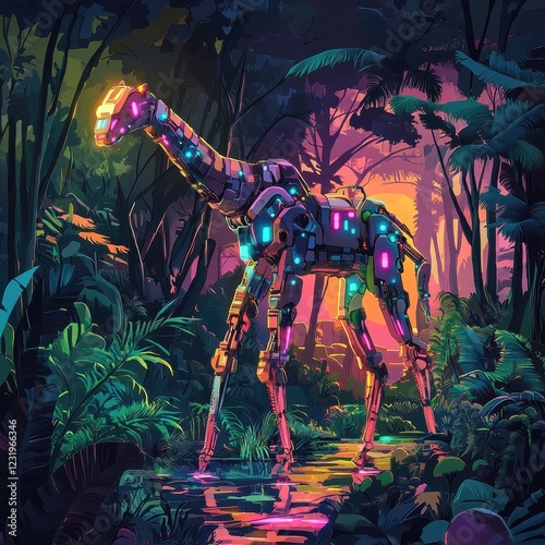 A Robotic Giraffe Stands in a Lush Tropical Forest photo