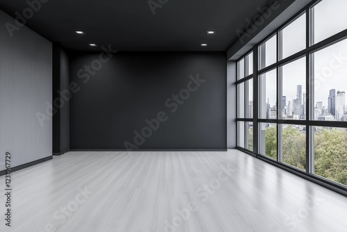 Modern empty room with large window, city view, dark gray wall, light wood floor.