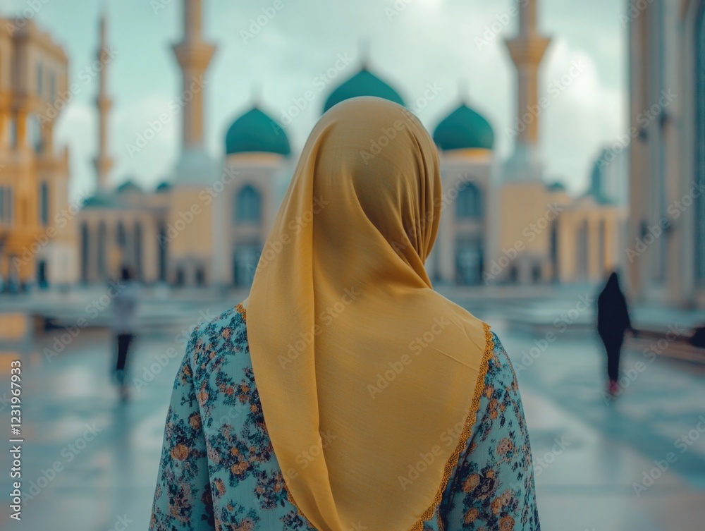 Woman in yellow hijab at mosque Woman in yellow hijab at mosque