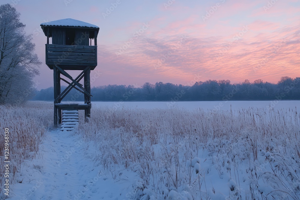 An old hunting tower overlooking a snowy field at dusk, a silent witness to the changing seasons and the quiet solitude of the wilderness. An old hunting tower overlooking a snowy field at dusk, a silent witness to the changing seasons and the quiet solitude of the wilderness.