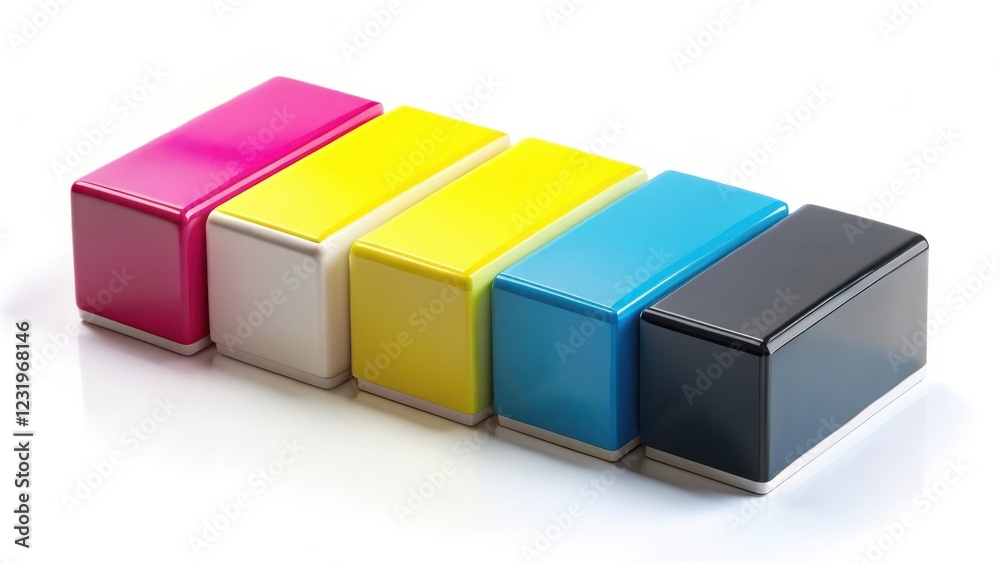 A set of CMYK boxes arranged horizontally on a white background, showcasing the four primary ink colors used in printing , ink colors, horizontal arrangement A set of CMYK boxes arranged horizontally on a white background, showcasing the four primary ink colors used in printing , ink colors, horizontal arrangement