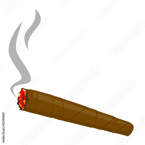 Flat Cartoon Style Burning Cigar with Smoke Vector Illustration – Isolated on White Background, Ideal for Icon, Logo, Symbol, Template, or Mockup Design