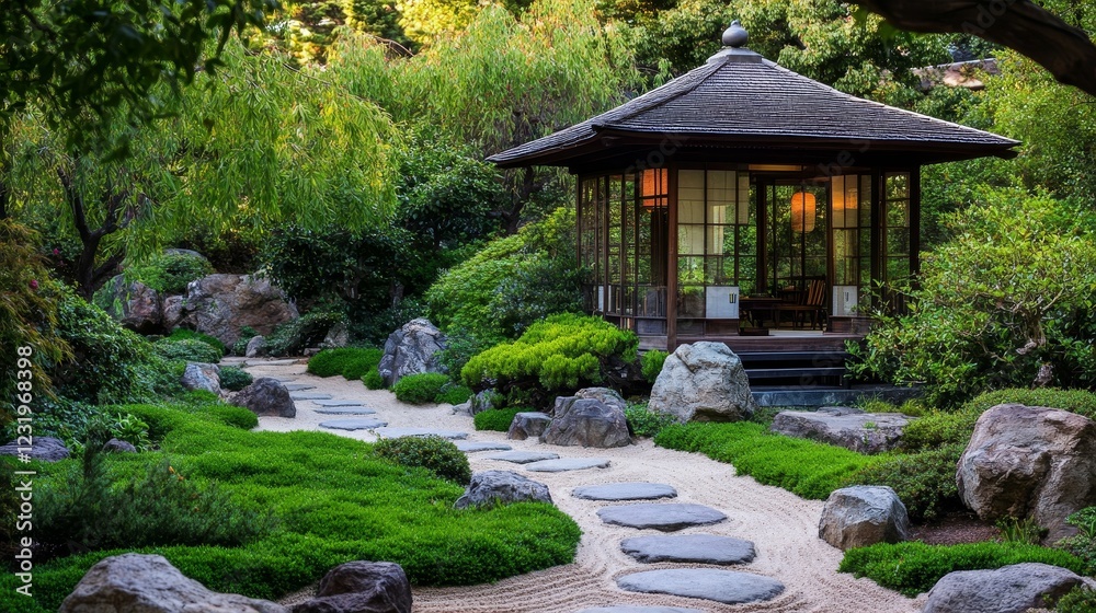 Serene Japanese Garden with Traditional Tea House and Lush Aesthetics Serene Japanese Garden with Traditional Tea House and Lush Aesthetics