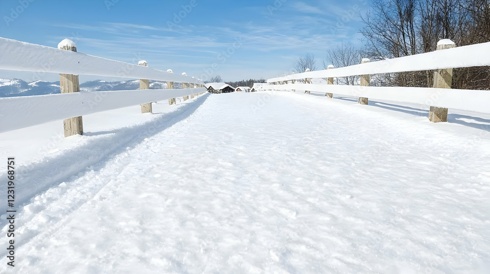 Snowy path, winter landscape, farm background, winter recreation Snowy path, winter landscape, farm background, winter recreation