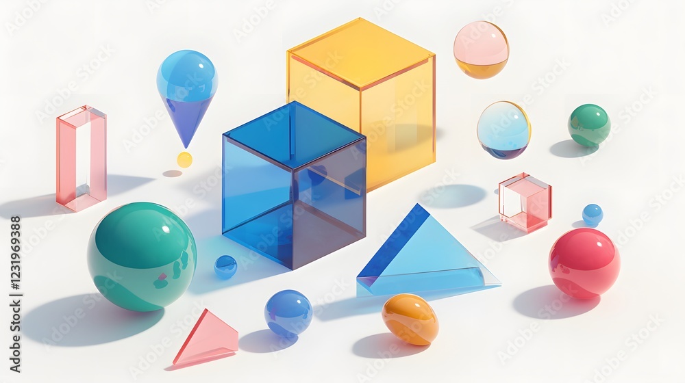 Set of colorful geometric shapes in 3D render on a white background, showcasing smooth, shiny surfaces