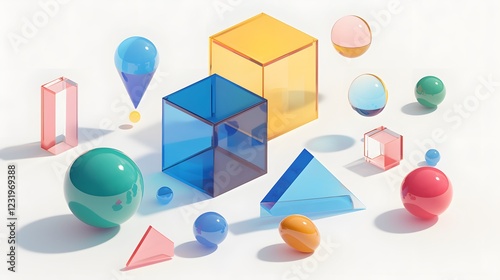 Obraz na płótnie Set of colorful geometric shapes in 3D render on a white background, showcasing smooth, shiny surfaces w salonie