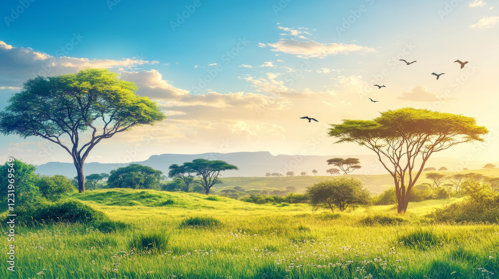 Obraz premium African savannah landscape with trees. Vector cartoon illustration of beautiful summer scenery with plain grassland, green hills, birds flying in blue sky with clouds, Serengeti wildlife background