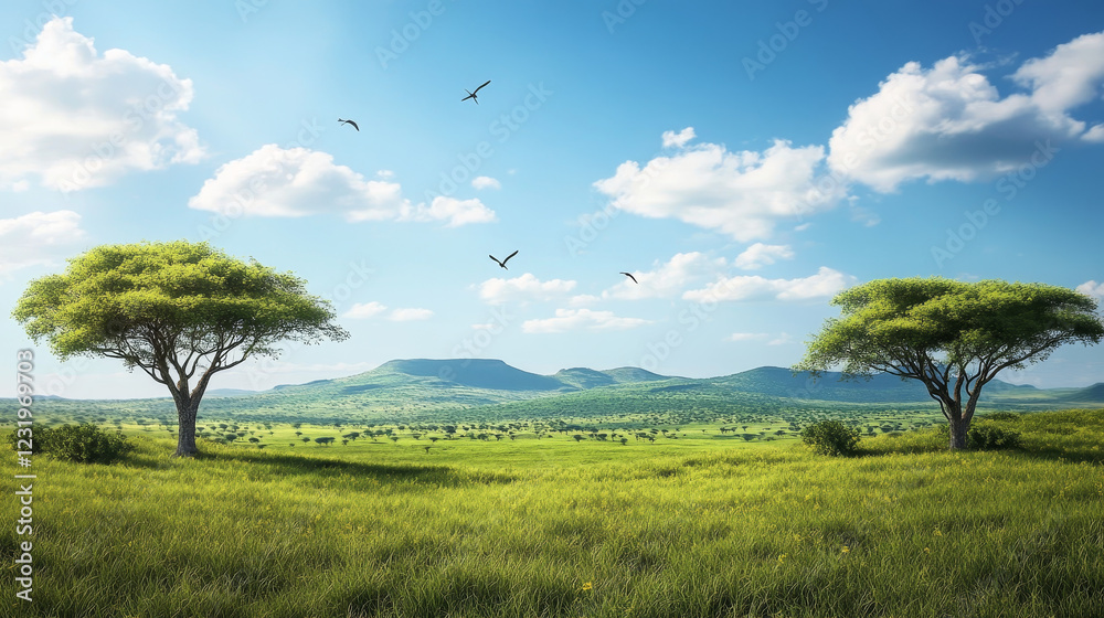 Obraz premium African savannah landscape with trees. Vector cartoon illustration of beautiful summer scenery with plain grassland, green hills, birds flying in blue sky with clouds, Serengeti wildlife background