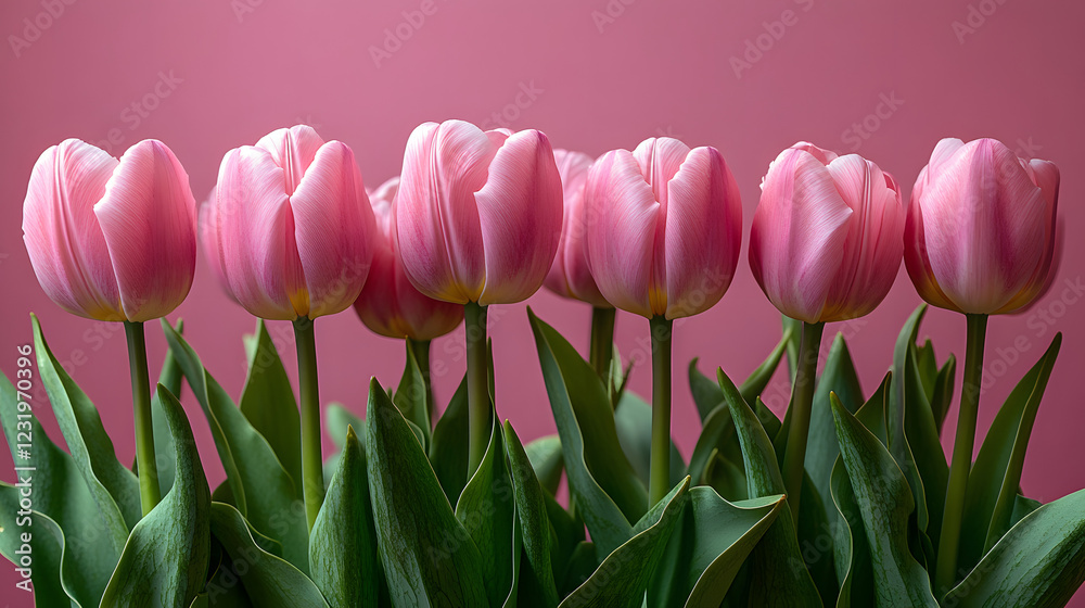 Pink flowers are arranged in a row, with their stems sticking out of the ground. The flowers are tall and slender, with green leaves at the bottom Pink flowers are arranged in a row, with their stems sticking out of the ground. The flowers are tall and slender, with green leaves at the bottom