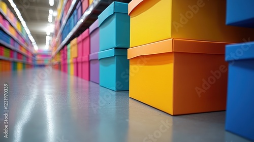 Colorful storage boxes line a bright warehouse aisle photo