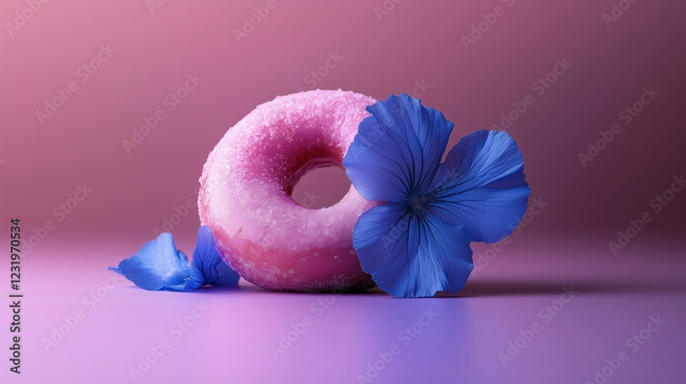 Pink glazed donut with blue flower and petals next to it on a subtle purple background. Copy space, delicious food concept.