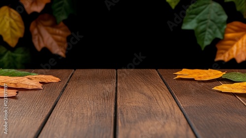 Autumnal Tabletop: A rustic wooden surface invites you to envision the warmth of autumn with leaves in view