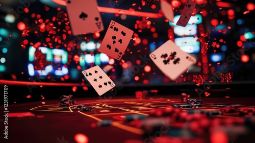 Playing cards fly mid-air over a casino table with colorful lights and chips, capturing the excitement of gambling