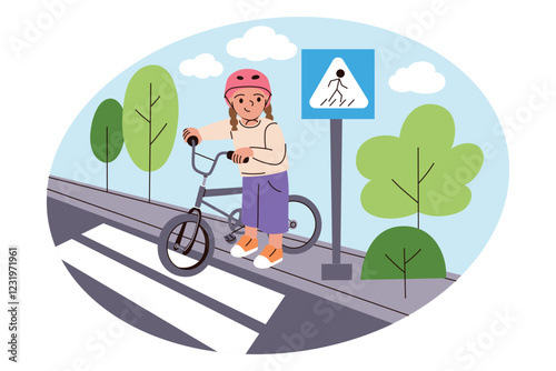 Vector illustration of girl with bike at pedestrian crossing. Cartoon child wearing helmet, traffic sign nearby. Road safety, cycling, outdoor activity, healthy lifestyle flat composition