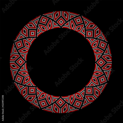 Vector illustration of round frame Ukrainian ornament in ethnic style, identity, vyshyvanka, embroidery for print clothes, websites, banners. Background. Geometric design, copy space, frame
