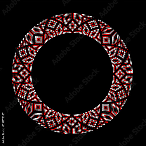 Vector illustration of round frame Ukrainian ornament in ethnic style, identity, vyshyvanka, embroidery for print clothes, websites, banners. Background. Geometric design, copy space, frame