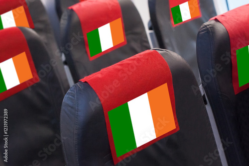 Irish Flag on Empty seat in plane. Travel, flight and transportration in Ireland concept photo