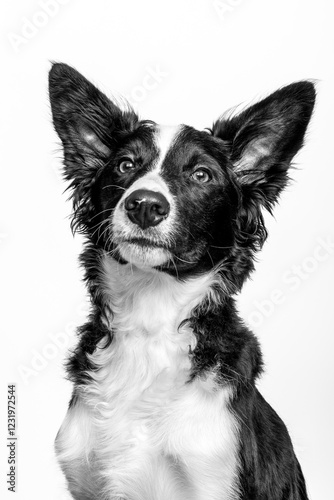 A border collie displays curiosity with ears perked and eyes bright, showcasing its intelligent nature. The black and white contrast emphasizes its striking features and alert expression.