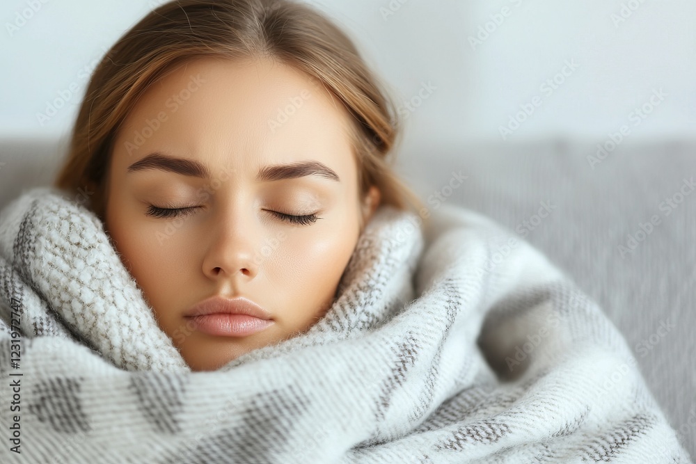 Serene Woman Wrapped in Cozy Blanket, Peaceful Portrait Serene Woman Wrapped in Cozy Blanket, Peaceful Portrait