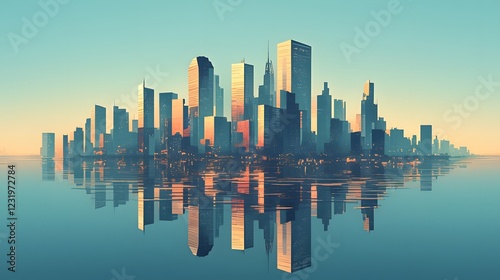 Obraz na płótnie Silhouette of a city's skyline with its iconic skyscrapers mirrored on calm water, symbolizing modern architecture. w salonie