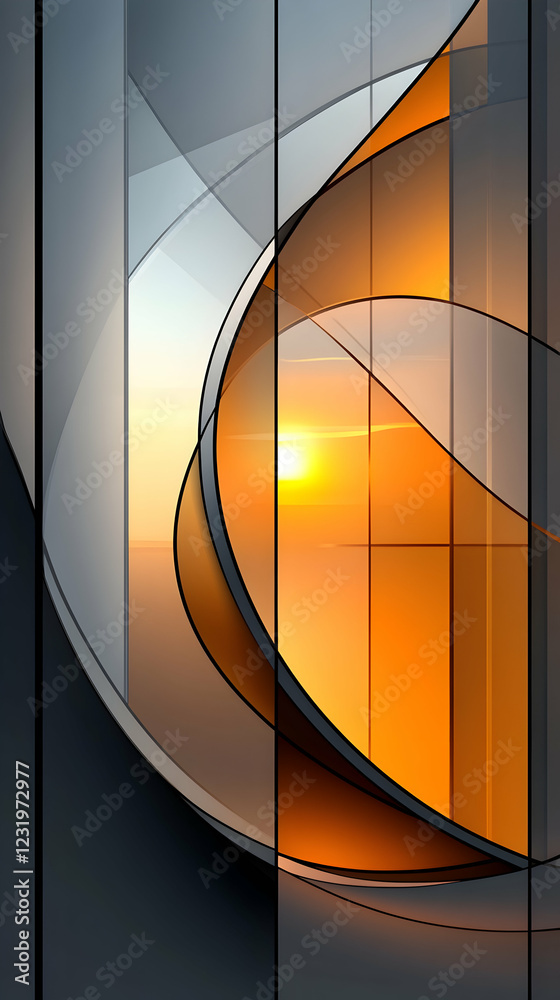 Obraz premium Abstract sunset view through glass panels, modern architecture background, ideal for design