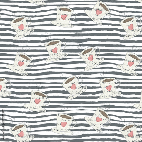 cute seamless pattern with coffee cups - americano, cappuccino, mocha, latte. vector hand-drawn illustration in doodle style. perfect for print, menu, wrapping paper, wallpaper, various designs.