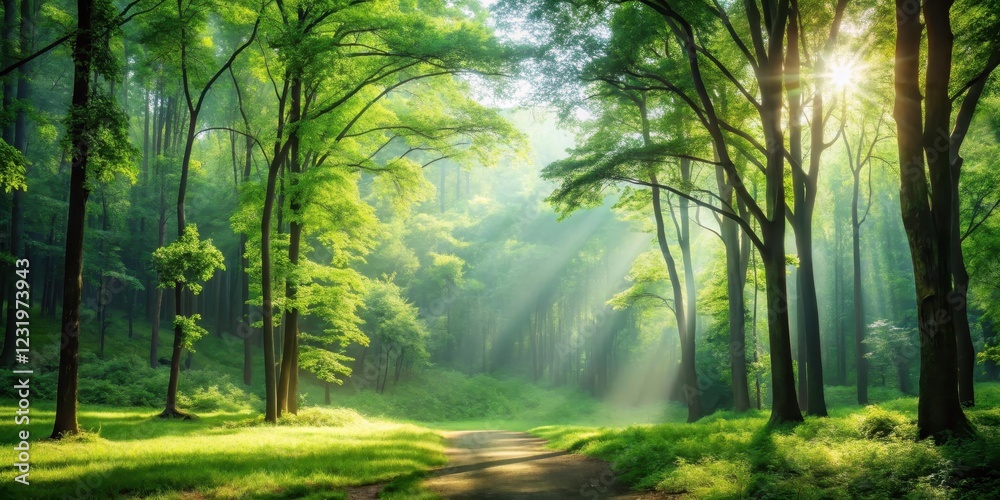 Obraz premium Sunbeams Illuminate a Serene Path Through Lush Green Woodland, Creating a Magical Atmosphere of Tranquility and Natural Beauty