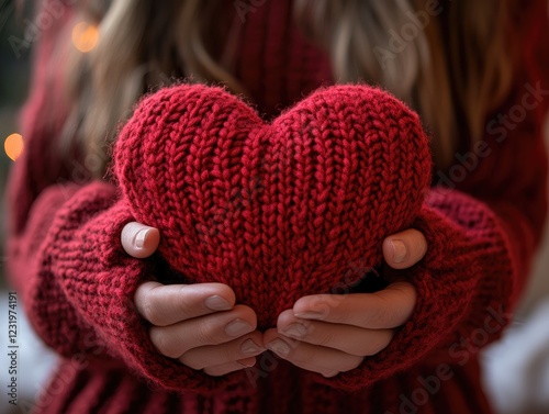 Woman holding knitted red heart, showing love and warmth