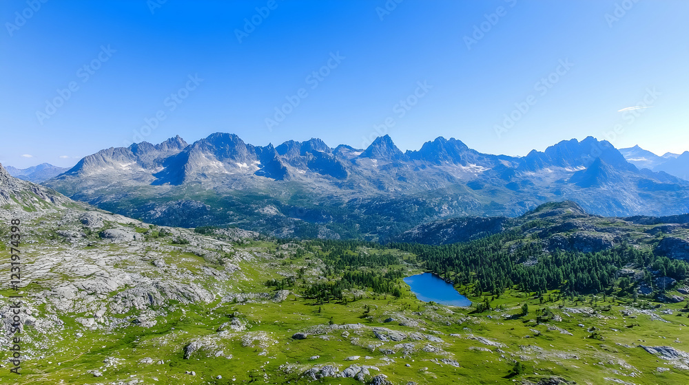 Fototapeta premium Alpine lake, mountain range panorama, summer day, clear sky, nature background