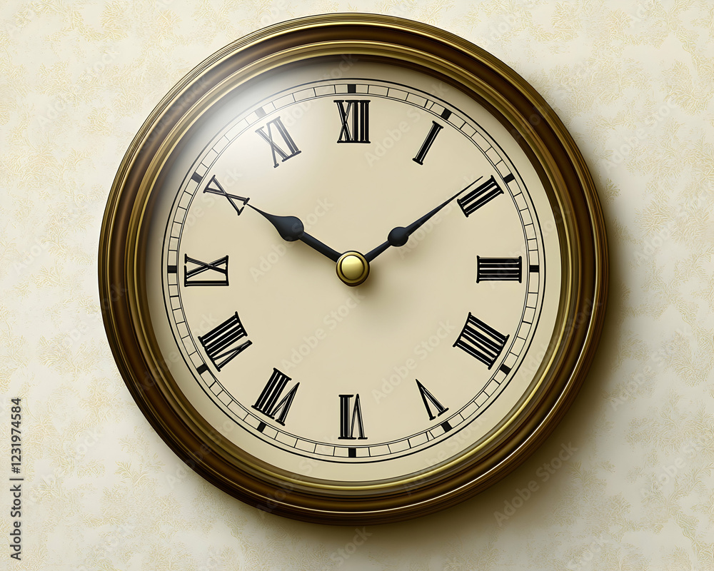 Antique wall clock showing time, beige background. Perfect for websites, blogs, or vintage design projects Antique wall clock showing time, beige background. Perfect for websites, blogs, or vintage design projects