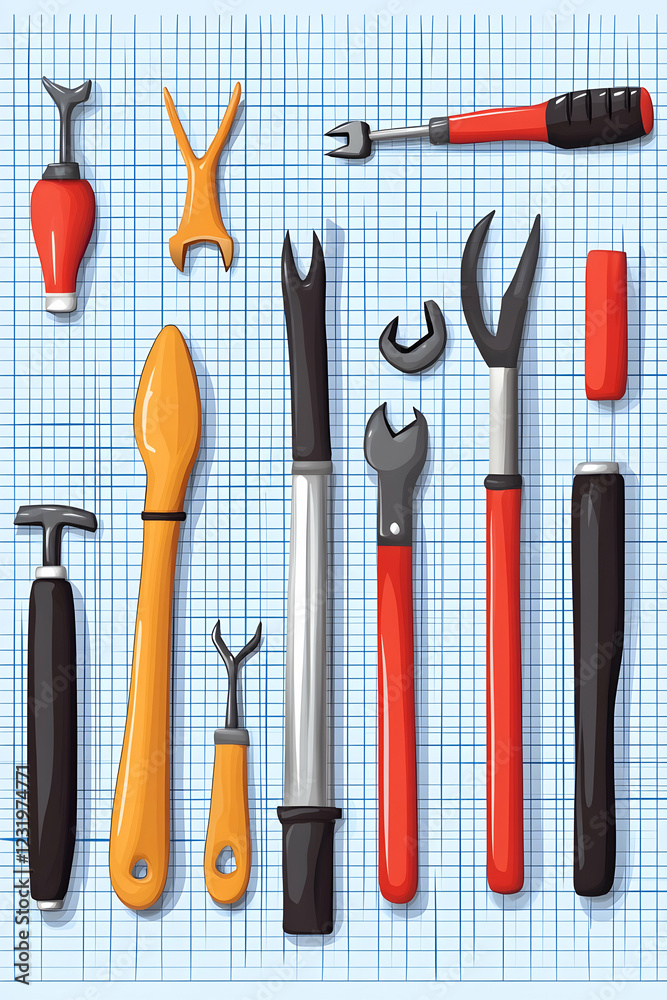 Assorted hand tools on grid background; ideal for DIY, repair, or mechanic websites Assorted hand tools on grid background; ideal for DIY, repair, or mechanic websites