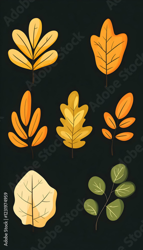 Autumn leaves collection; fall foliage design elements on black background; for seasonal greeting cards, website decoration
