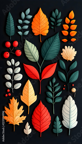 Autumn leaves and berries on dark background; fall design element for cards