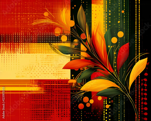 Autumnal floral design, abstract background, vibrant colors, fall foliage, textile print