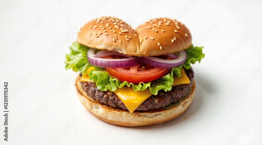 Delicious heart burger with golden sesame bun, grilled beef patty, crispy lettuce, red tomato slices, and onion, isolated on white background, unique love-themed fast food Delicious heart burger with golden sesame bun, grilled beef patty, crispy lettuce, red tomato slices, and onion, isolated on white background, unique love-themed fast food