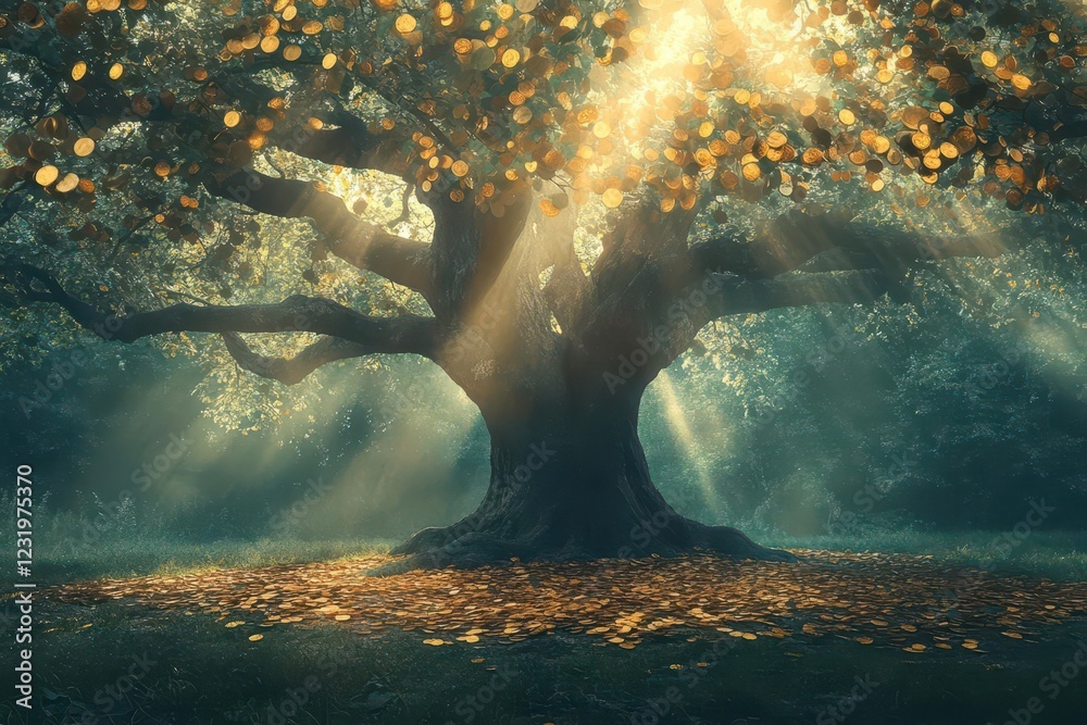 ancient wisdom tree with golden coins as leaves in mystical misty forest, rays of light filtering through branches, symbolizing abundance