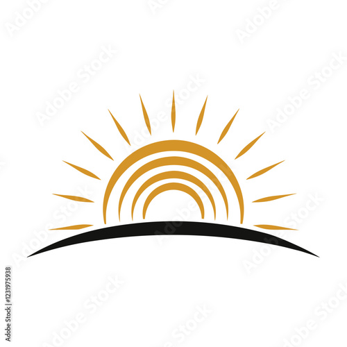 an icon of a rising sun made of concentric, layered rings 