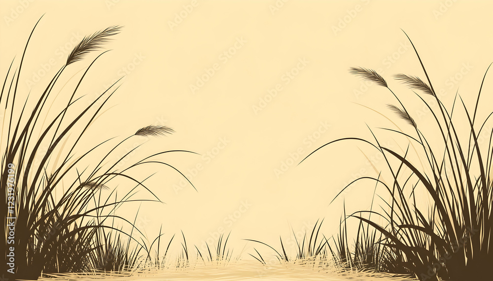 Calm sunset grassland silhouette; tranquil nature scene, background for design Calm sunset grassland silhouette; tranquil nature scene, background for design