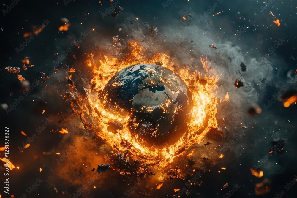 apocalyptic space scene with earth surrounded by cosmic debris and energy waves, cinematic sci-fi style with dramatic lighting