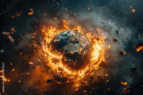 Obraz na płótnie apocalyptic space scene with earth surrounded by cosmic debris and energy waves, cinematic sci-fi style with dramatic lighting w salonie