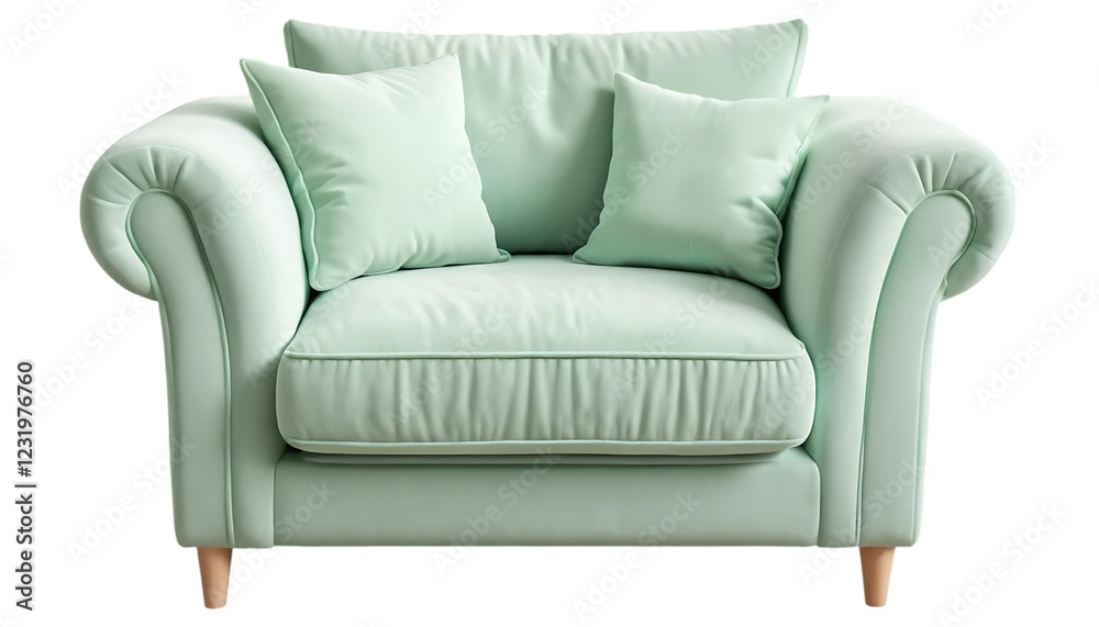 Fototapeta premium Mint Green Loveseat Sofa with Rolled Arms and Wooden Legs